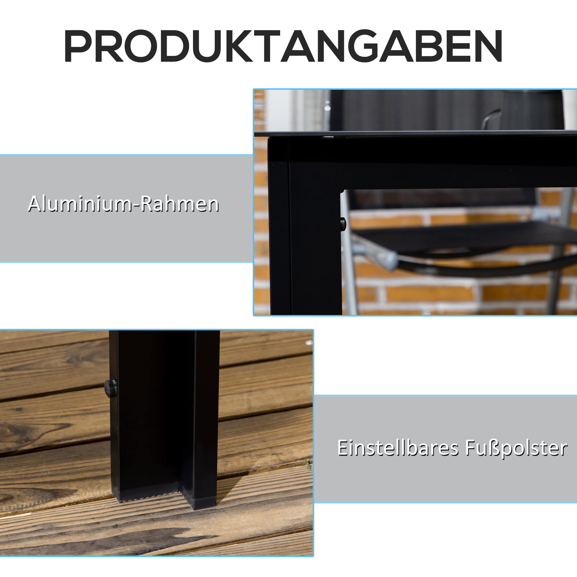 Outsunny Gartentisch Aluminium 150 x 90 cm Wetterfest Balkontisch mit Glas-Tischplatte, Buffettisch Campingtisch für 6 Personen Terrassentisch Outdoor Esstisch für Garten, Terrasse Balkon Schwarz