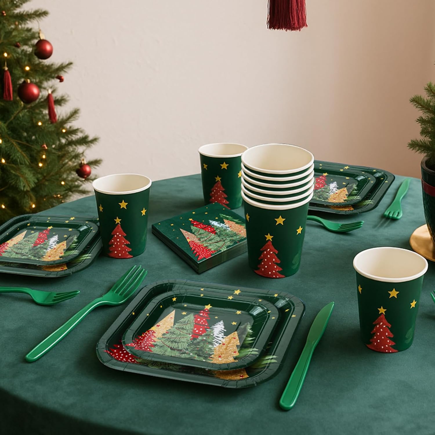 350 Pcs Christmas Paper Plates and Napkins Set 9 Inch 7 Inch Disposable Durable Dinnerware Holiday Xmas Party Supplies Tableware Serve 50 Guest Cups Knife Forks Spoon(Green,Red,Gold,Christmas Tree)