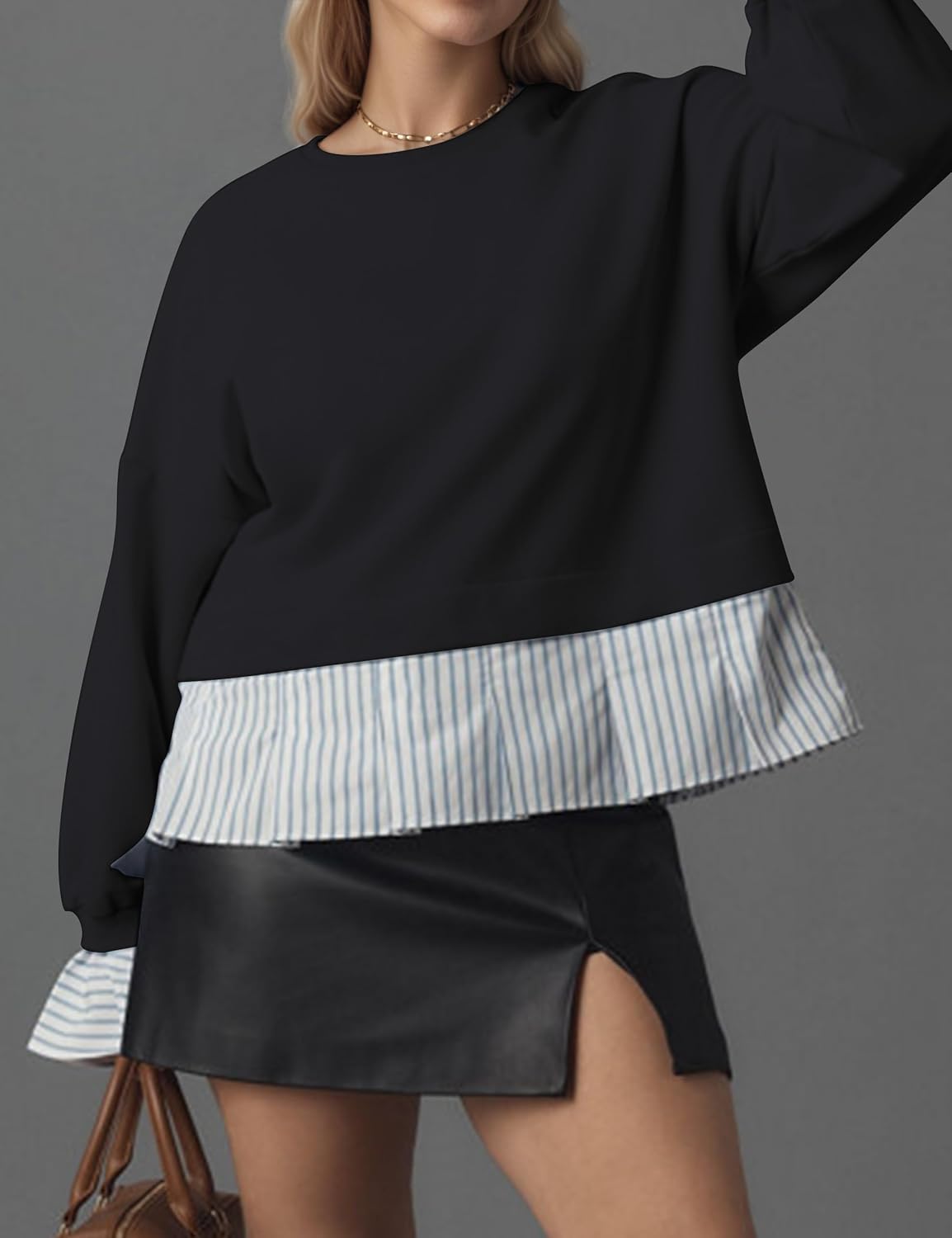 Striped Trim Twofer Sweatshirt For Women Crew Neck Long Sleeve Patchwork Pullovers Sweater Outfit - Image 5