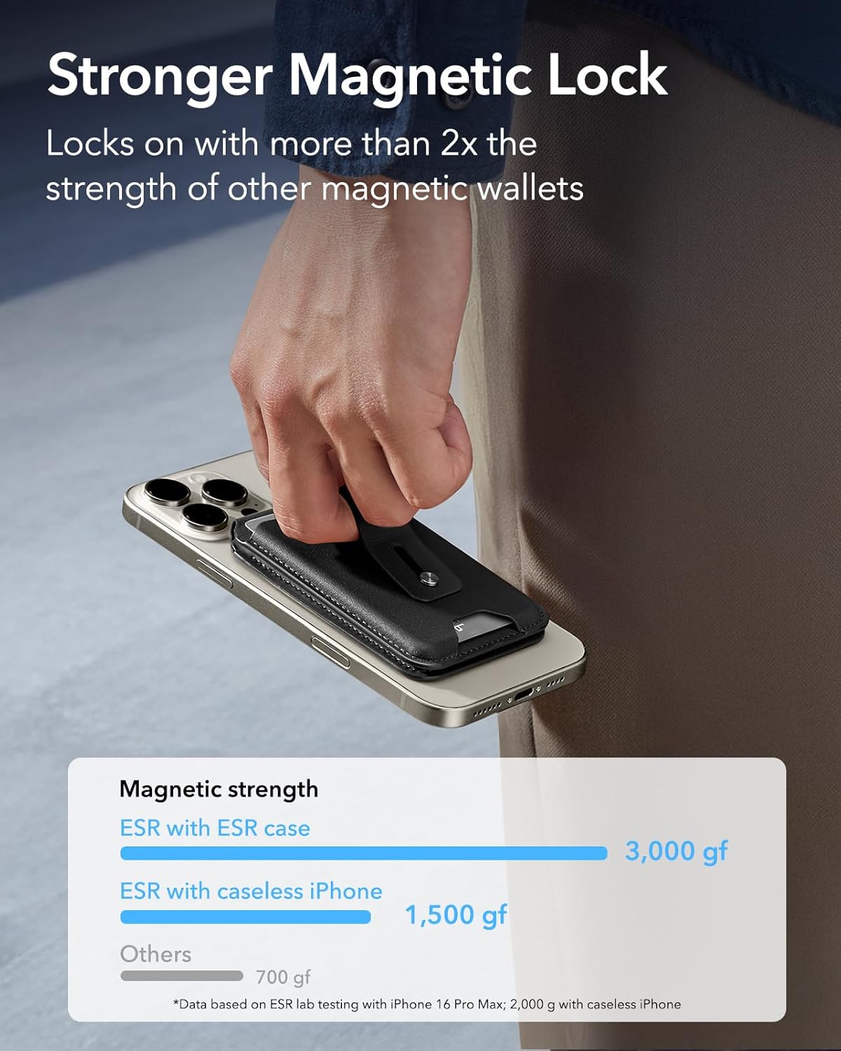 ESR Geo Magnetic Wallet securely attached to the back of an iPhone, highlighting its strong magnetic connection.