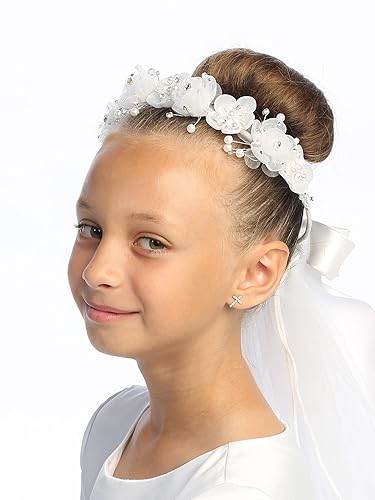 Swea Pea & Lilli - Velo de primera comunión para niñas, tocado blanco para la primera comunión con diadema, flores de organza con diamantes de