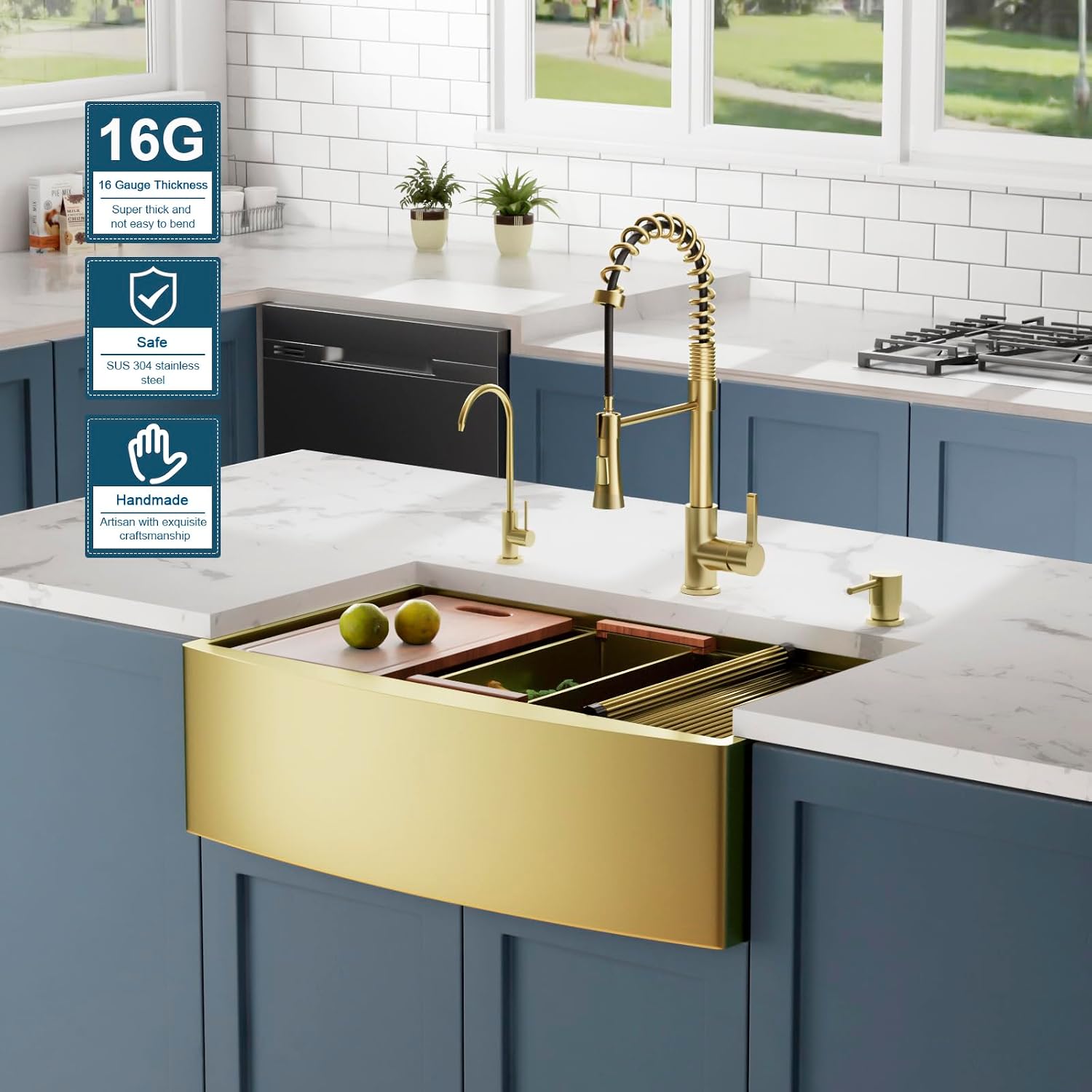CELAENO 33 Inch Gold Farmhouse Sink, Luxury Single Bowl Stainless Steel Apron Front Workstation 16 Gauge, 10" Deep Handmade R10 Radius Farm Sink with Various Accessories