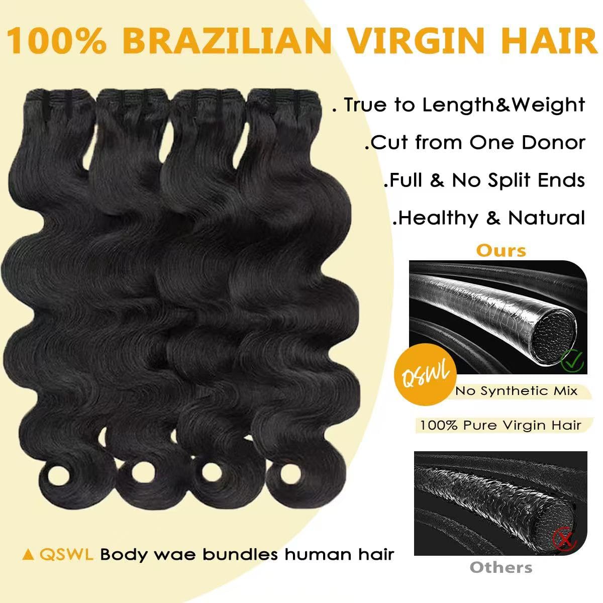 14A Raw Human Hair Bundles 18 20 22 24 Inch Body Wave 100% Unprocessed Brazilian Virgin Hair 4 Bundles Human Hair Extensions Quick Weave No Tangle Shedding Silky Soft Natural Black