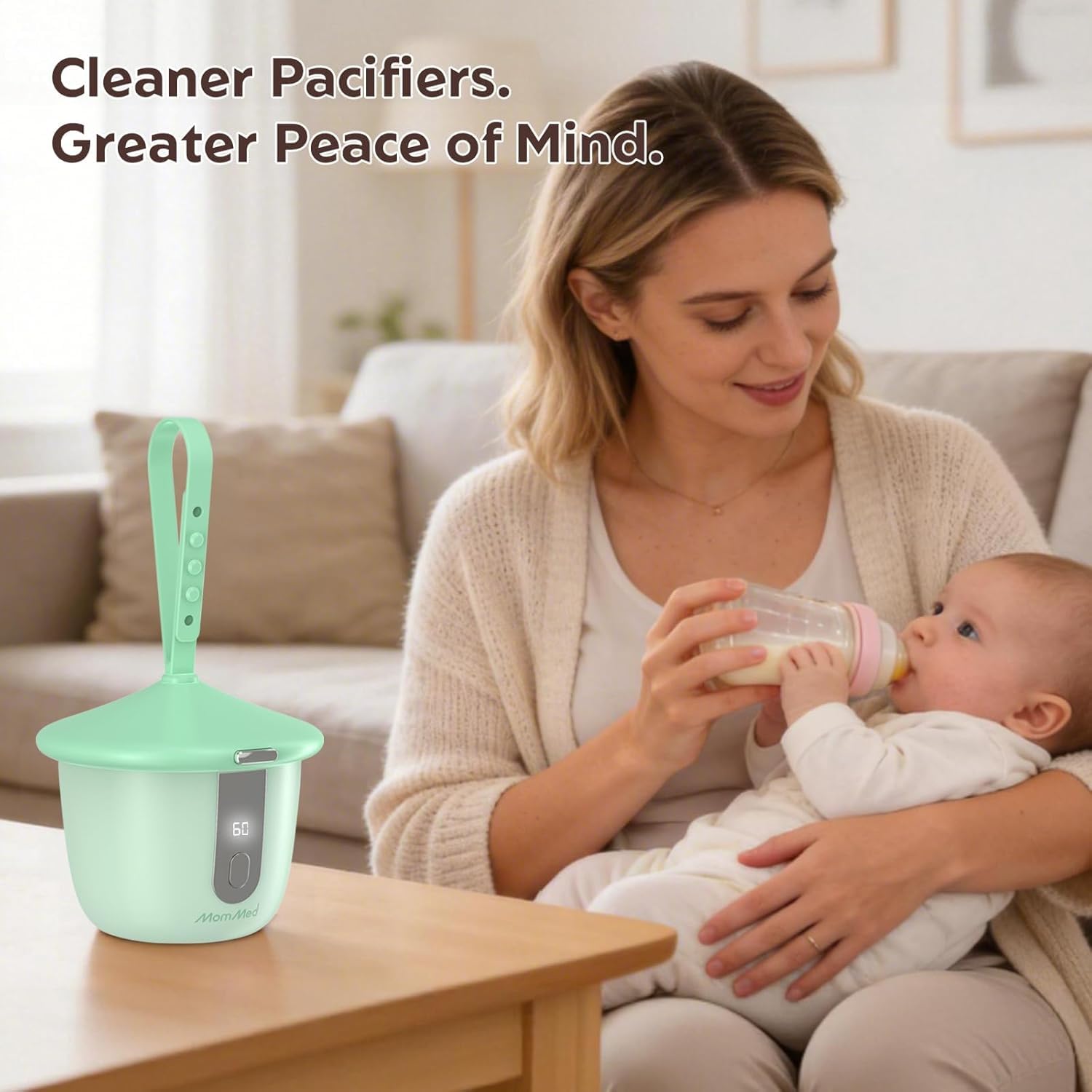 MOMMED Stérilisateur Tétine Portable UV-C, Boîte Stérilisatrice Tétine Bébé avec 6 LED, Nettoyage Rapide en 1 Minute, Rechargeable USB-C, Étui Tétine avec Écran Intelligent pour Maison et Voyage, Vert