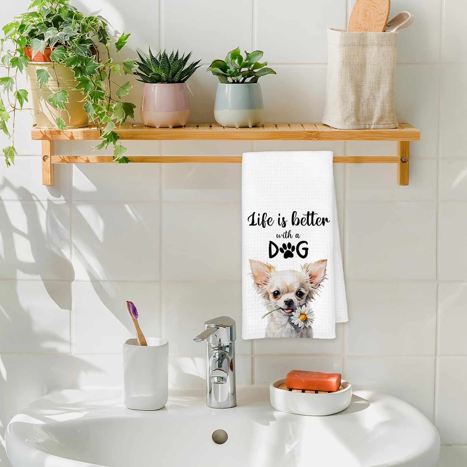 Chihuahua Dog Kitchen Towels, Chihuahua Gifts for Women Dogs Mom Lovers, Funny Life is Better with a Dog Decorative Hand Tea Dish Towel for Bathroom Kitchen Decor, 16x24 Inch - Image 6