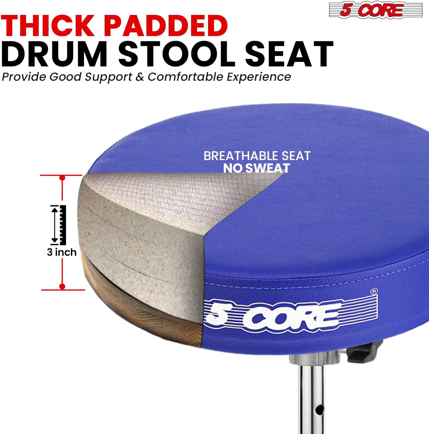 5 CORE Drum Throne 3" Thick Padded 21.5" Adjustable Guitar Stool Drummer Chair 200 lb Capacity Seat for Adults & Kids Blue - DS BLKCH BLU