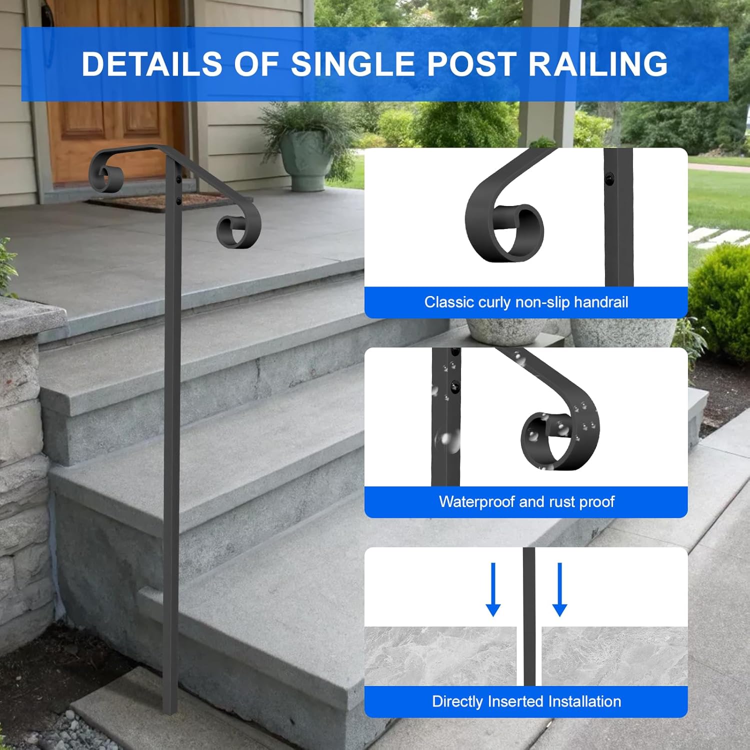 handrails for Outdoor Steps Single Post Handrails for Outdoor Steps Wrought Iron Single Post Handrail, Ground Long Post Fits 1 or 2 Steps Grab Rail Single Post Railing (1pcs Black)