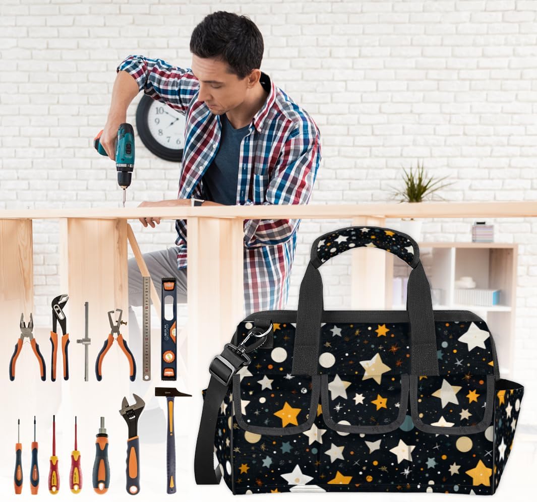 Funny Stars Tool Bag with Multi-Pockets Wide Mouth Tool Tote Bag for Women and Men Waterproof Tool Organizer Storage Bag with Adjustable Shoulder Strap and Ergonomic Handle