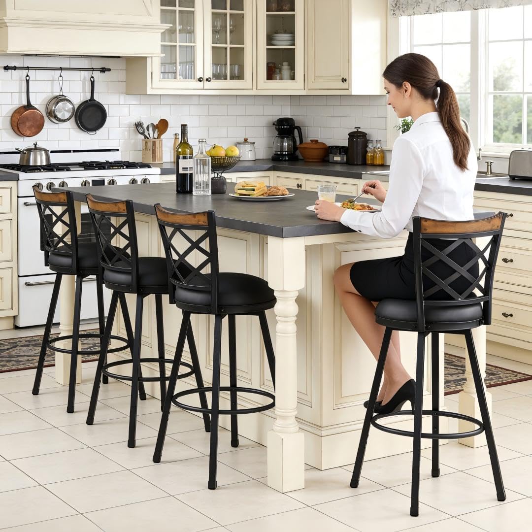 KORZEY Swivel Bar Stools Set of 2, 25/30 Inch Adjustable Black PU Leather Bar Chair with Black Frame, Mid-Century Upholstered Counter Barstools with Backs