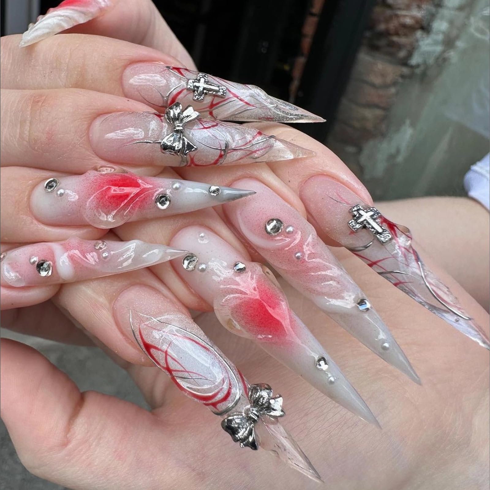 MISUD Press on Nails Long Stiletto Fake Nails Glossy Glue on Nails Pink Ombre Acrylic Nails Almond Artificial Nails Rhinestone Charms Stick on False Nails with Design 24pcs