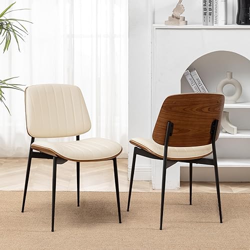 LUNLING Juego de 2 sillas de comedor modernas de mediados de siglo, sillas de piel sintética retro con patas de metal tapizadas de madera bentada de