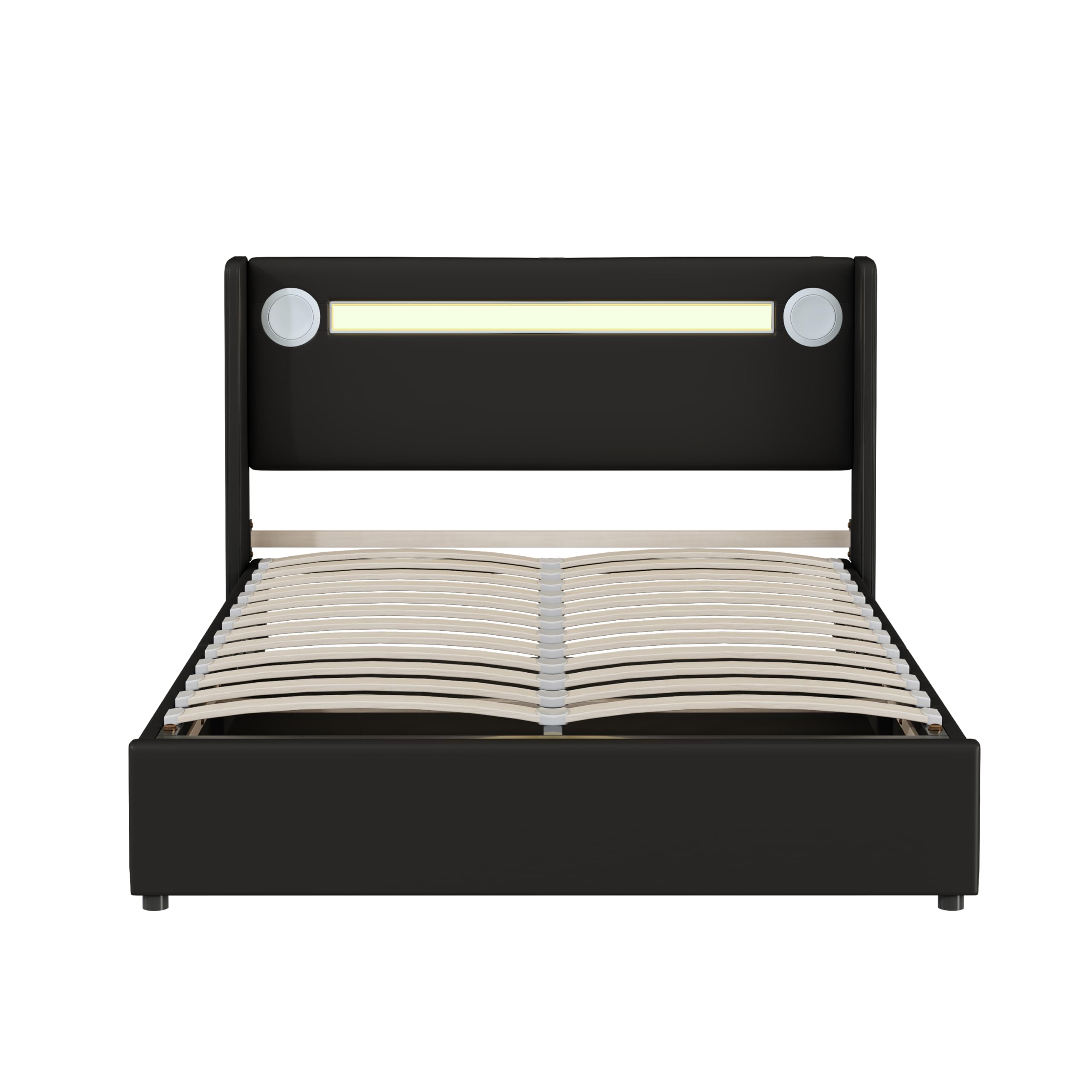 Merax Cama tapizada de 140 x 200 cm con tiras de luz LED, espacio de almacenamiento cama con reproductor Bluetooth y carga USB, para jóvenes y adultos, piel sintética negra (sin colchón)
