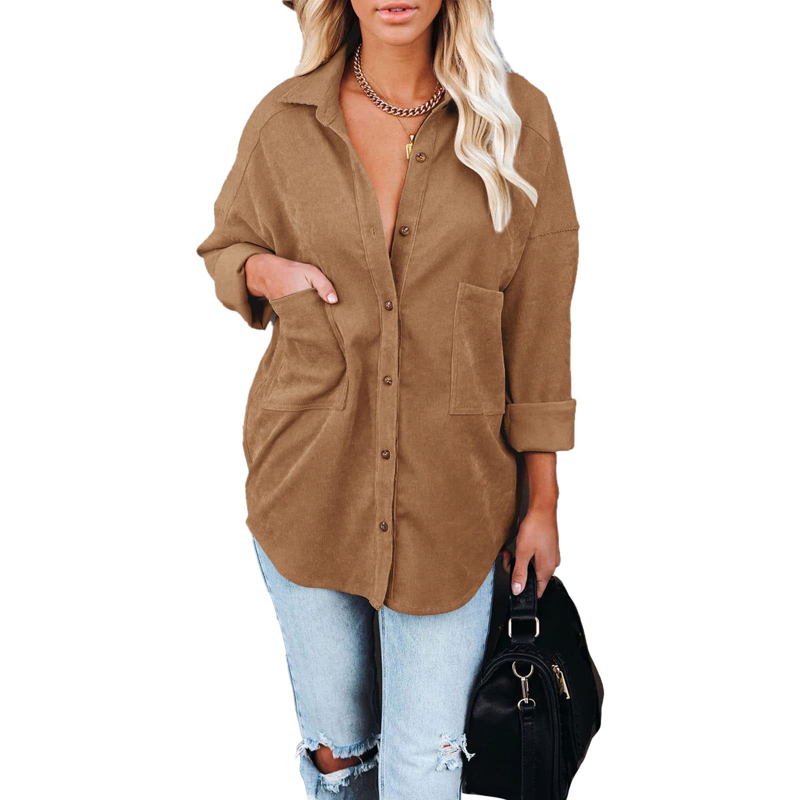 Pure Color Corduroy Top Turn Collar Long Sleeves and Drop Shoulder Button Down Jackets