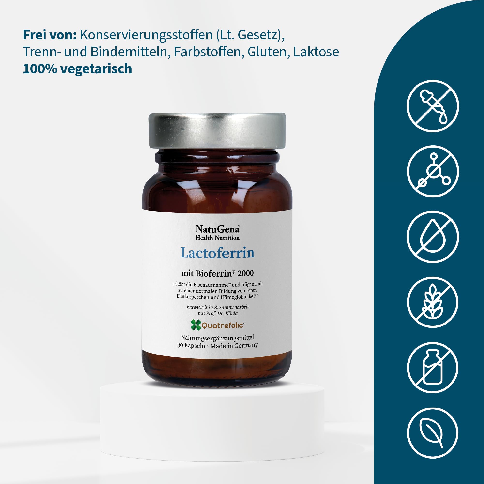 NatuGena Lactoferrin Bioferrin, Eisen (Glycinat & Fumarat) & Vitamin C, Milchprotein, 30 Kapseln (30 Tage Packung)