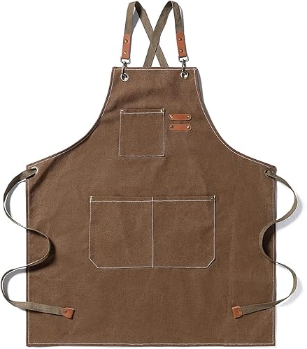 Hyzrz Delantales de chef para hombres y mujeres con bolsillos grandes, lona de algodón con espalda cruzada, delantal de trabajo ajustable