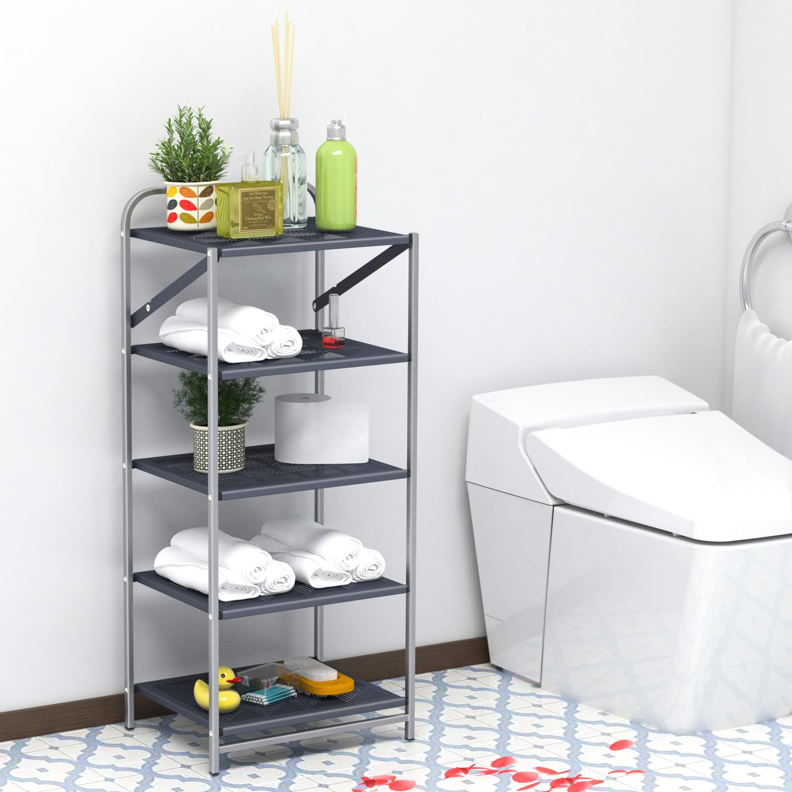 MIAO'ER 5-Tier Metal Standing Bathroom Shelf Organizer, Space Saving Foldable Shoe Rack for Entryway, Industrial Printer Stand Rack, No Need Assembly, Grey&Silver