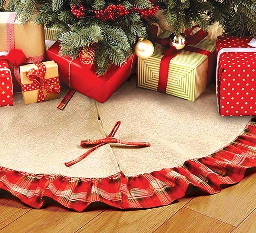 OLYPHAN Burlap Christmas Tree Skirt Rustic Xmas Tree Skirts Red Plaid Ruffle & Natural Brown Farmhouse Country Holiday Décor Large 36 Inch (3 Ft) Round Diameter