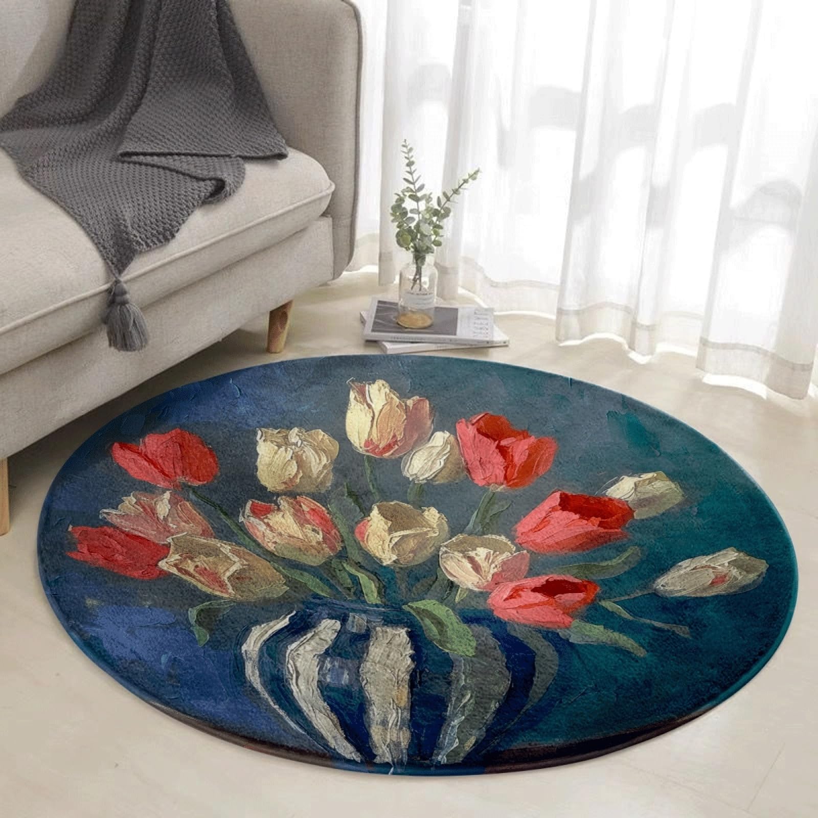 Tapis de salon fleur antidérapant et doux, tapis de sol rond 100 cm lavable pour chambre