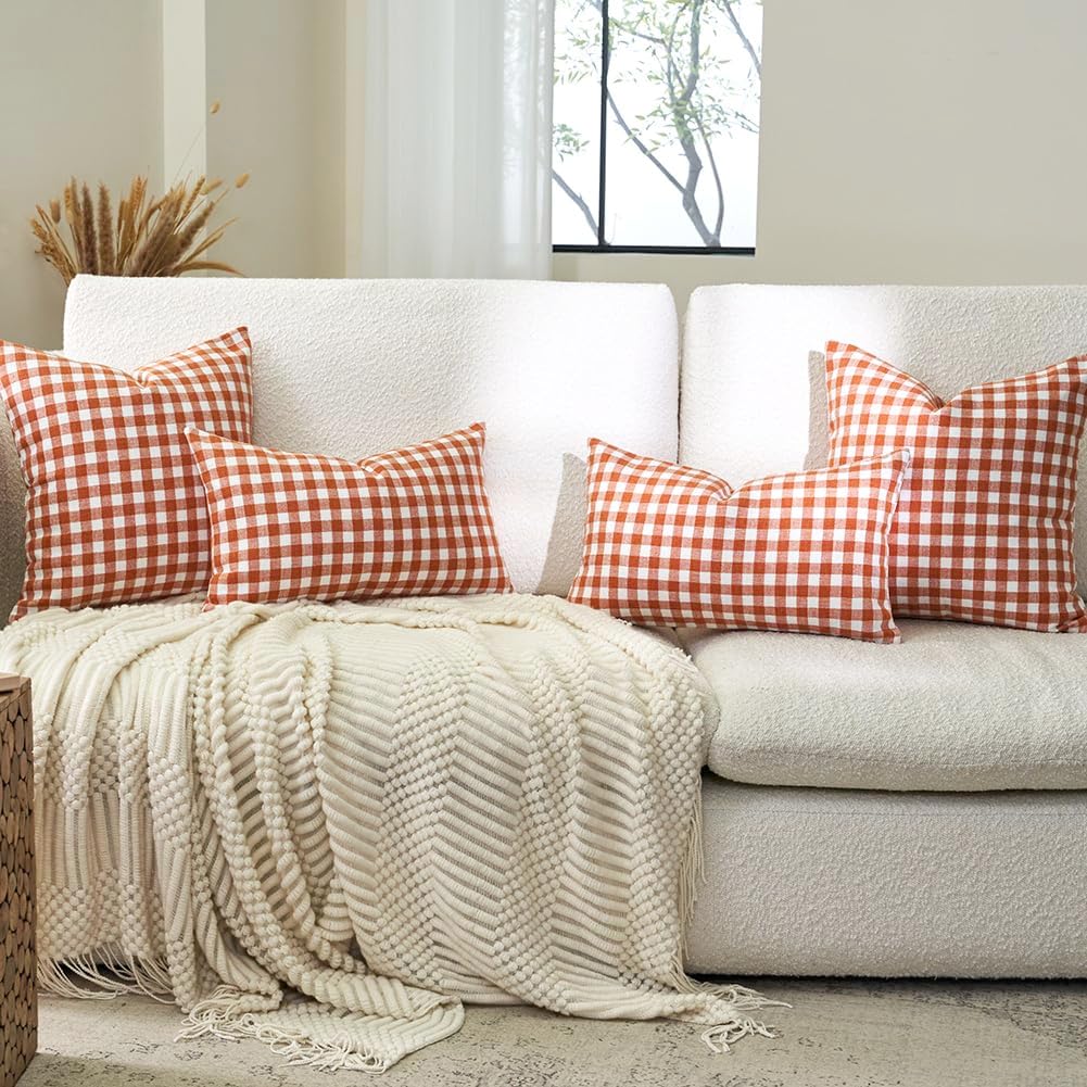 CARRIE HOME Fall Orange and White 22x22 Pillow Covers Set of 2, Rust Orange Checkered Gingham 22 x 22 Pillow Covers, Fall Farmhouse Outdoor Porch Decor Plaid Throw Pillows for Patio Furniture