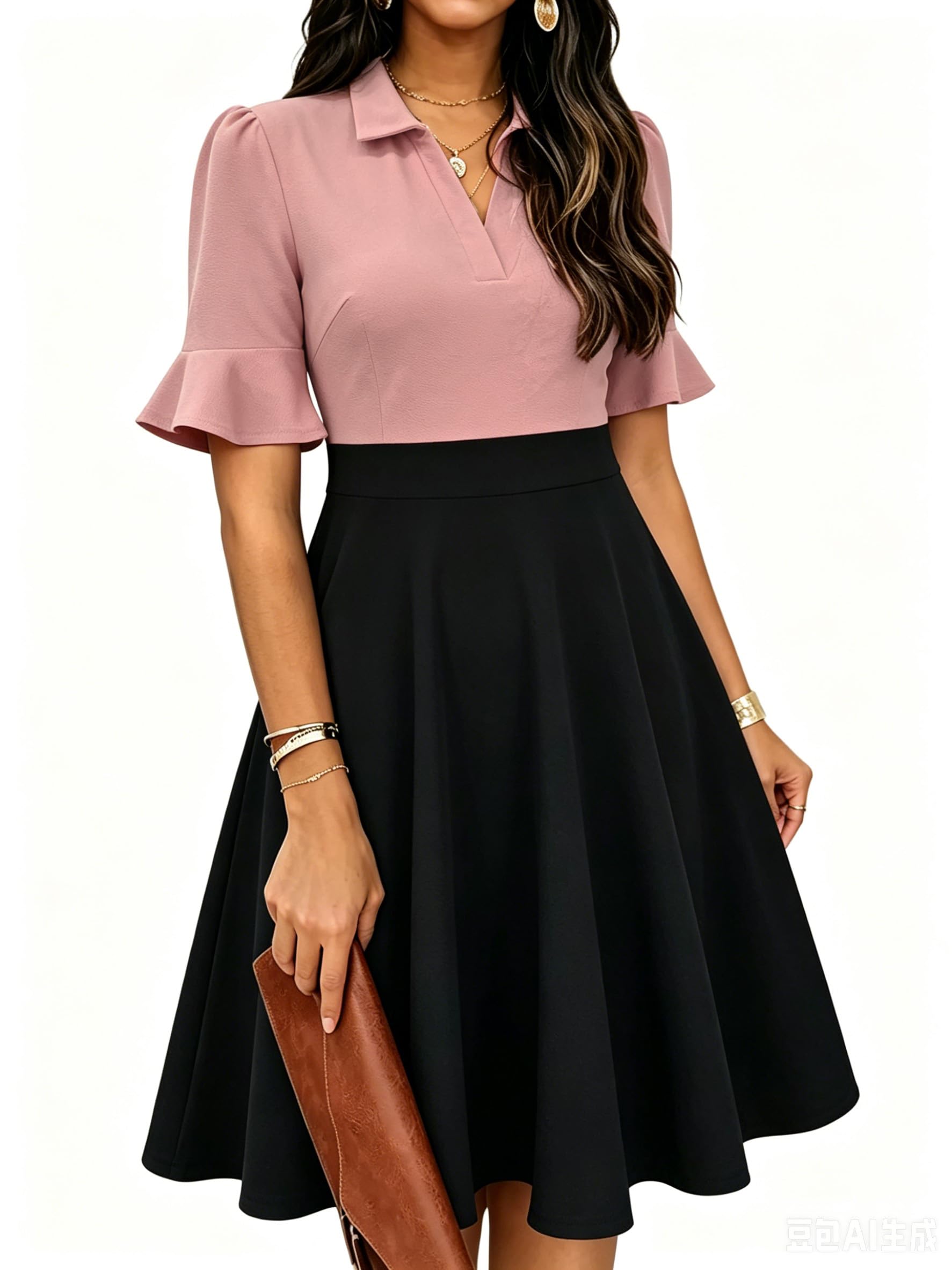 Mokayee Womens Summer Ruffle Sleeve Collared V Neck Fit and Flare Elegant A line Swing Dresses with Pockets
