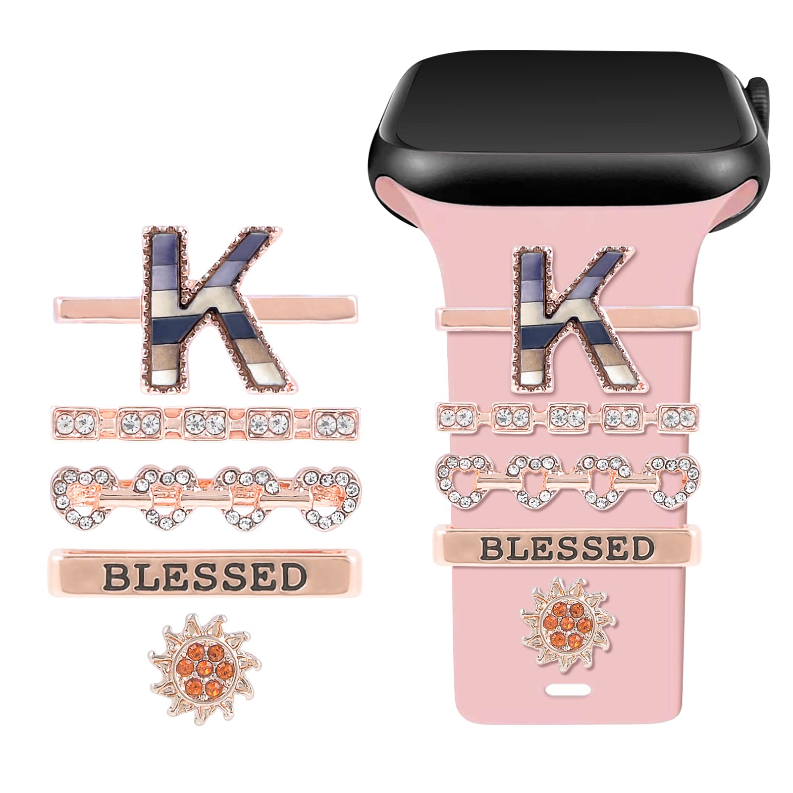 Shesyuki Letter Watch Band Charms Set-Bling Decorative Rings and Clasps,Compatible with iWatch Series 1-8,38mm/40mm/41mm/42mm/44mm/45mm,Samsung Galaxy 4/5, Fitbit versa which bandwidth 20-22MM(No