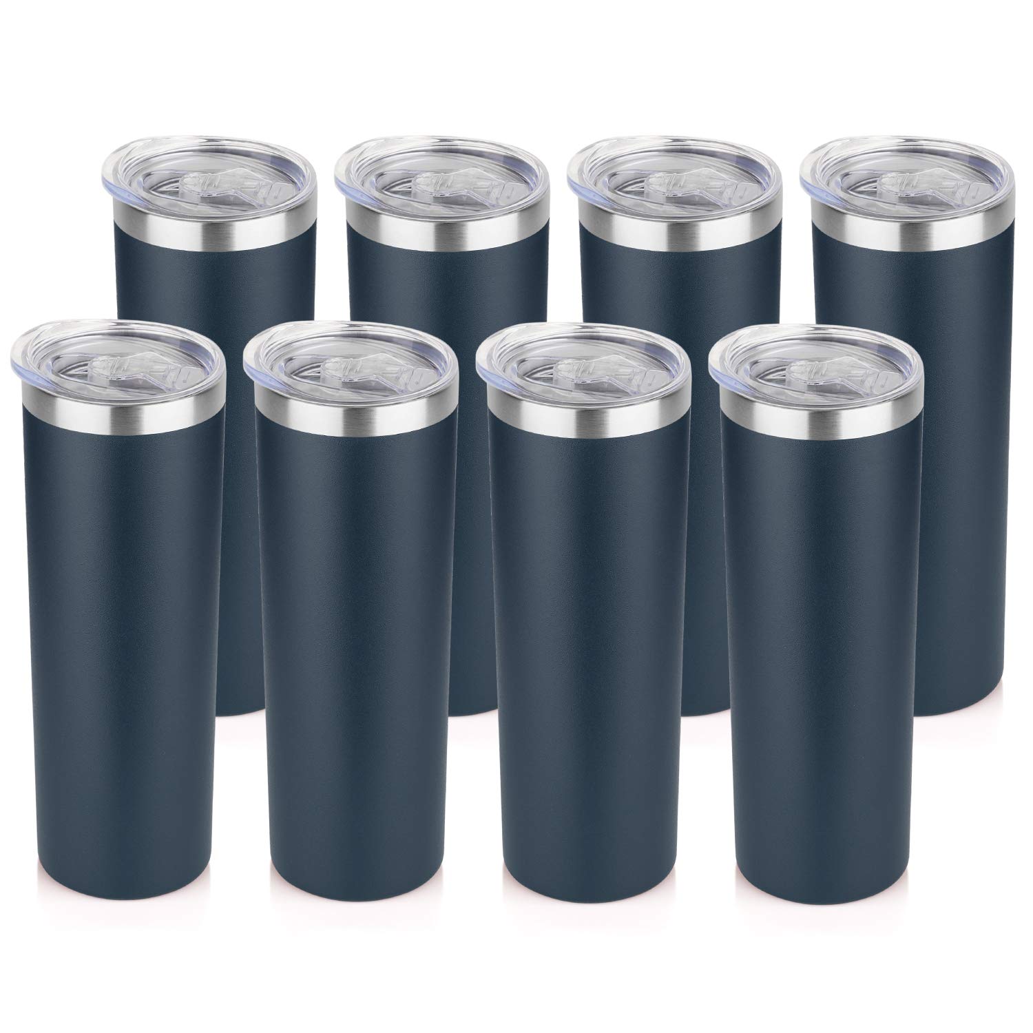 20 oz Skinny Tumblers Bulk Set, Stainless Steel Insulated Slim Tumblers with Lids, Reusable Double Wall Travel Coffee Mugs, Durable Powder Coated Travel Water Cups(Navy, 8)
