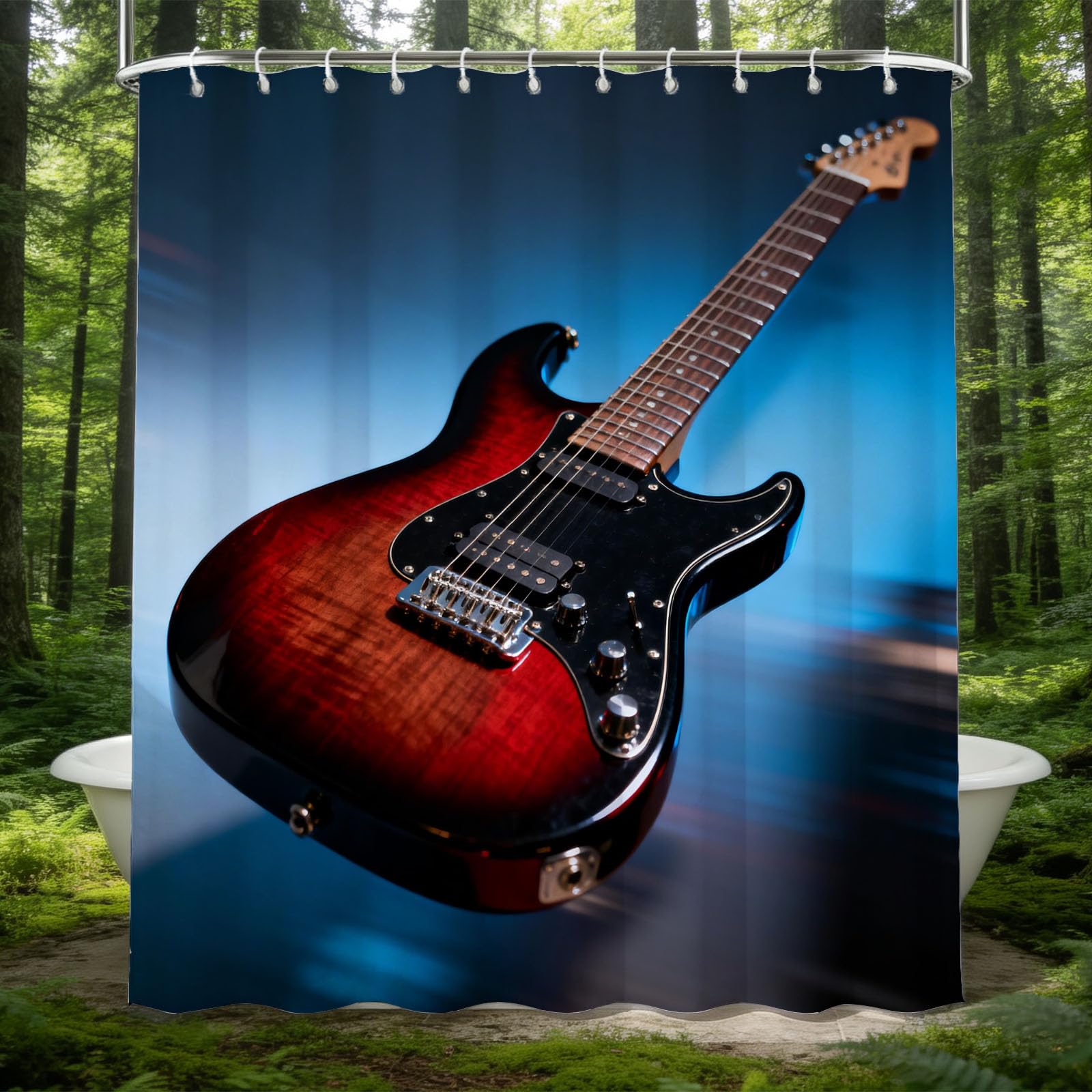 Hongduo 3D Guitar Printed Shower Curtain for Stalls Bathtubs Musical Instruments Bathroom Decor Shower Curtain Set Polyester Fabric Waterproof 200x200cm/79X79 Inch with Hooks