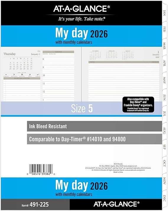 AT-A-GLANCE 2026 Planner, Daily, 8-1/2" x 11", Folio Size 5, Two Page Per Day Refill, Loose-Leaf (491-225-26)