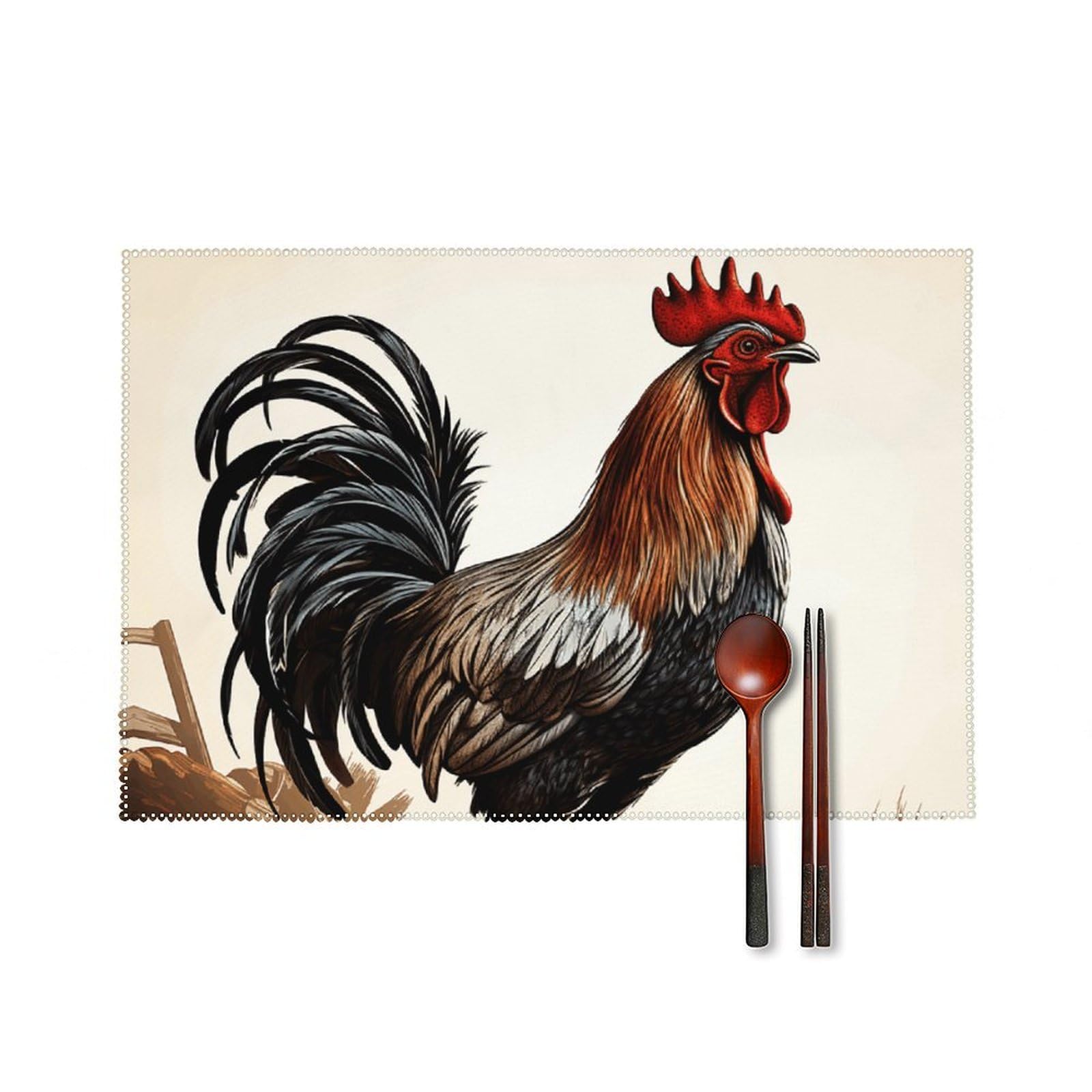 Rooster Placemats Set of 6, 12x18 Inch Heat Resistant Washable Canvas Table Mats, Stain Resistant Decorative Dining Placemats for Kitchen, Restaurant, Outdoor Party