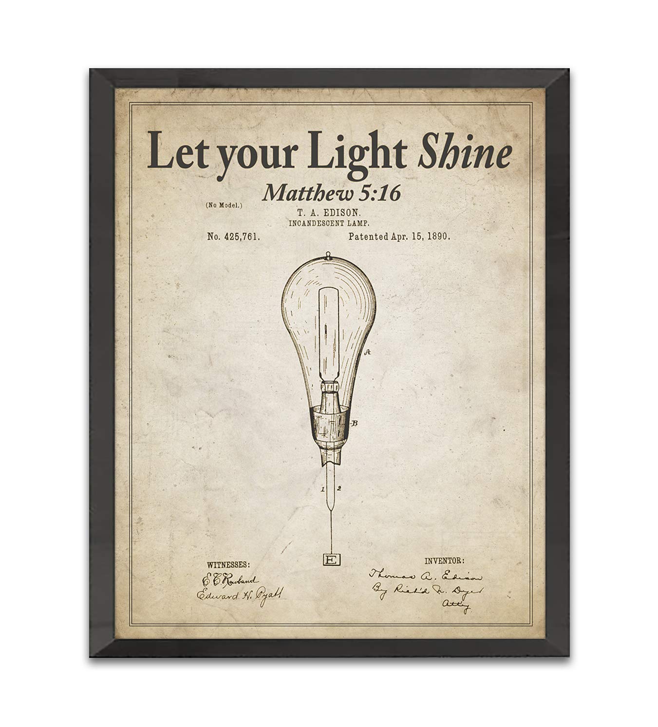 Let your Light Shine, Matthew 5:16 Bible Verse Patent Art Print, Unframed, Vintage Thomas Edison Light Bulb Patent, Christian Wall Art Decor Poster Sign, All Sizes