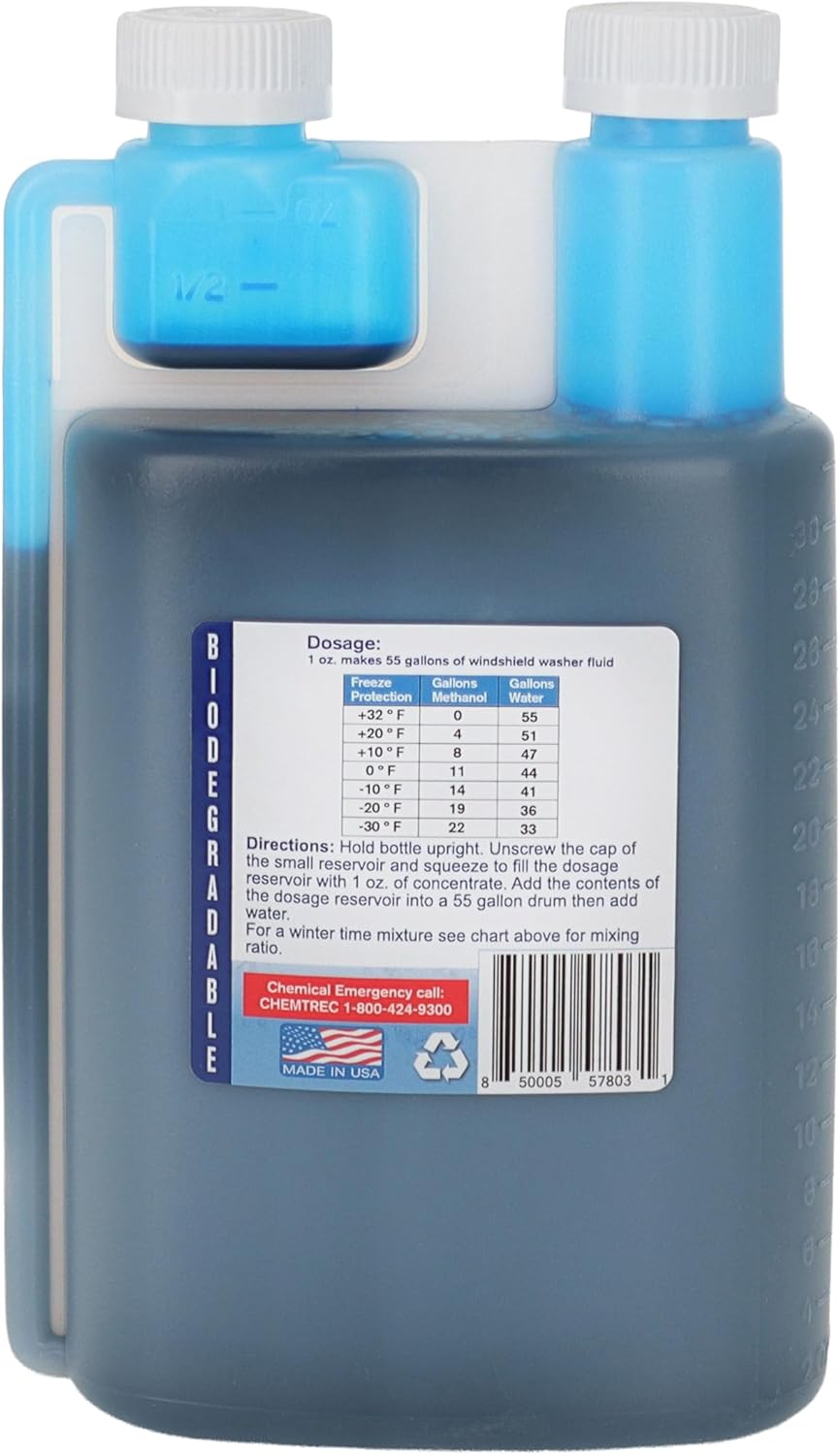 Windshield Washer Fluid Concentrate, 1 Bottle Makes 1,760 Gallons, 1 oz. Makes 55 Gallons - 100% Biodegradable Grime & Dirt Remover, Superior Commercial Grade Glass Cleaner, Single
