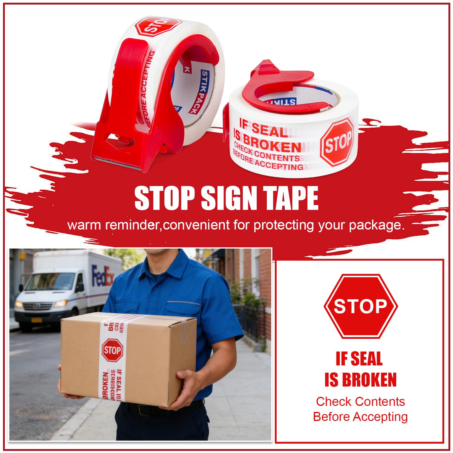 6 Pack Stop Sign Sealing Tape Pre-Printed IF Seal is Broken Check Contents Before Accepting 2 Inch x 110 Yards, Total 660Y, Heavy Duty Packing Tape with Dispenser for Moving and Shipping