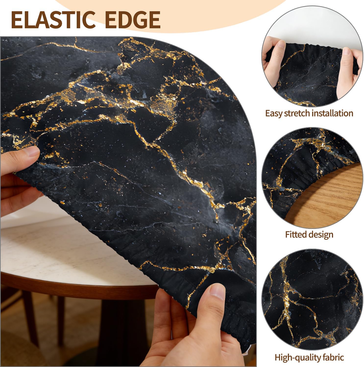 Round Fitted Tablecloth with Elastic Edge Design Table Cover Waterproof Stain-Resistant Wipeable Table Cloth Best for 45-48 Round Tables for Outdoor/Indoor Black Marble