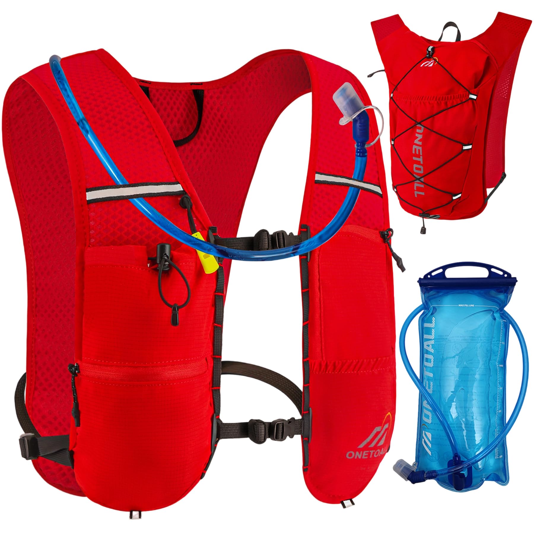 ONETOALL Running Vest Women with Water Bladder 2L, 6L Reflective Hydration Backpack Mens, Lightweight 150g for Trailrunning Hiking Marathon, Red with Water Bladder โ image 1