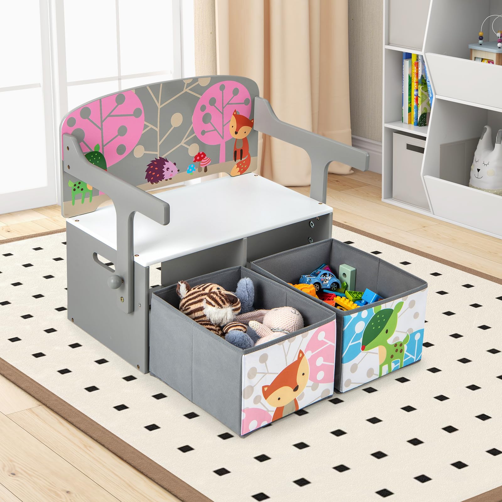 COSTWAY 3-IN-1 Kindertisch mit Sitzbank, Kindersitzgruppe mit 2 abnehmbaren Körben, Kindersitzbank mit stauraum, Spielzeugtruhe mit Rückenlehne, Sitztruhe Truhenbank für Kinderzimmer (Grau)