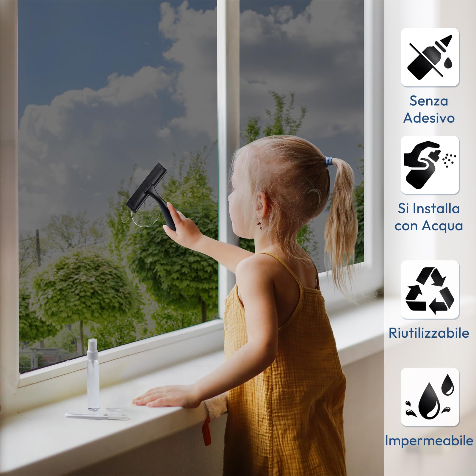 rabbitgoo Pellicola Specchio per Vetri Finestre Privacy con Kit di Installazione, Adesivo Statico, Pellicola Specchio Anti Sole Anti UV Controllo del Calore per Casa Ufficio, 90x400cm, Nero Argento