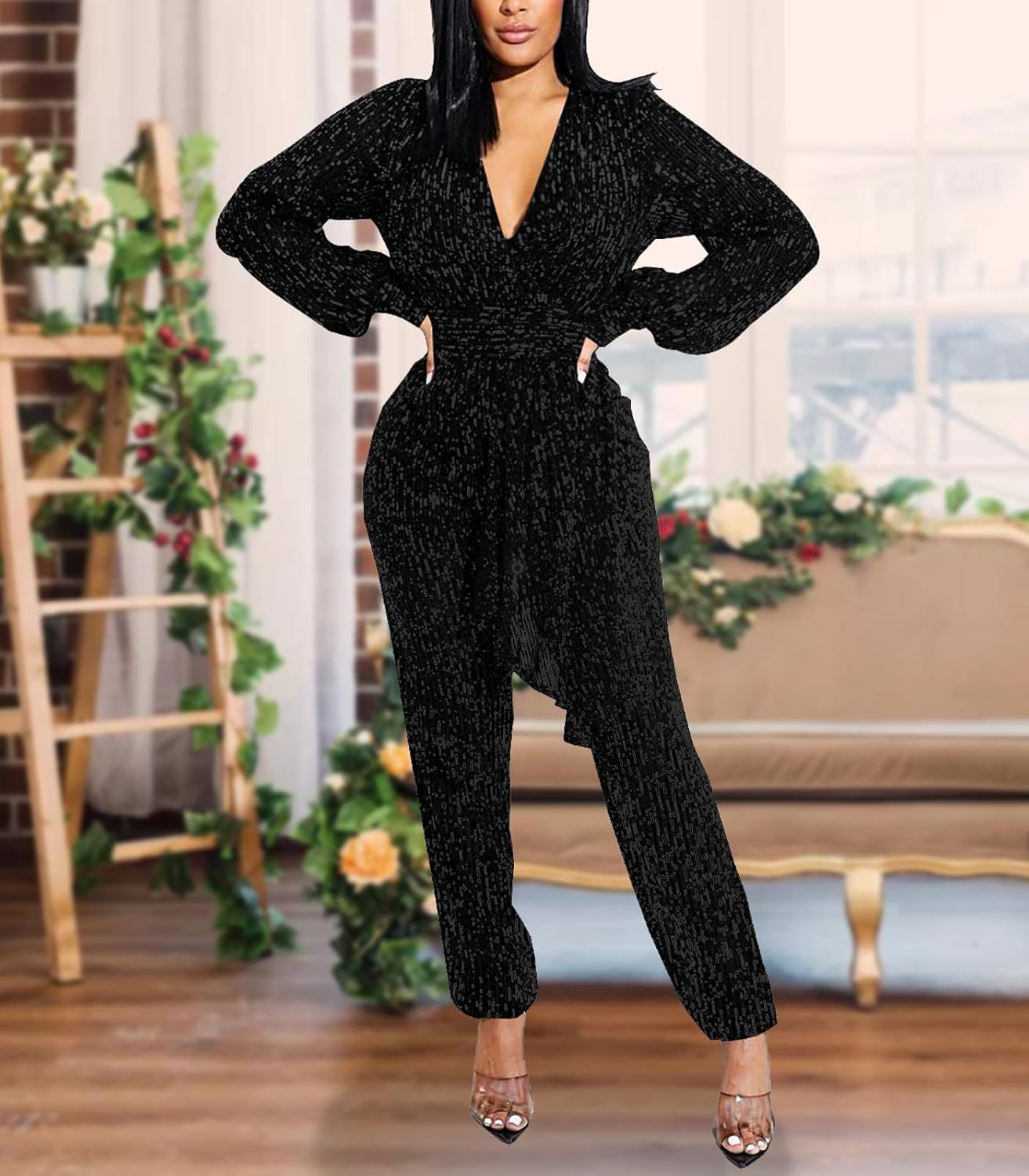 DinyIn Women's Sparkly Jumpsuits Clubwear One Piece Deep V Neck Long Sleeve Pants Rompers with Belt - Image 4