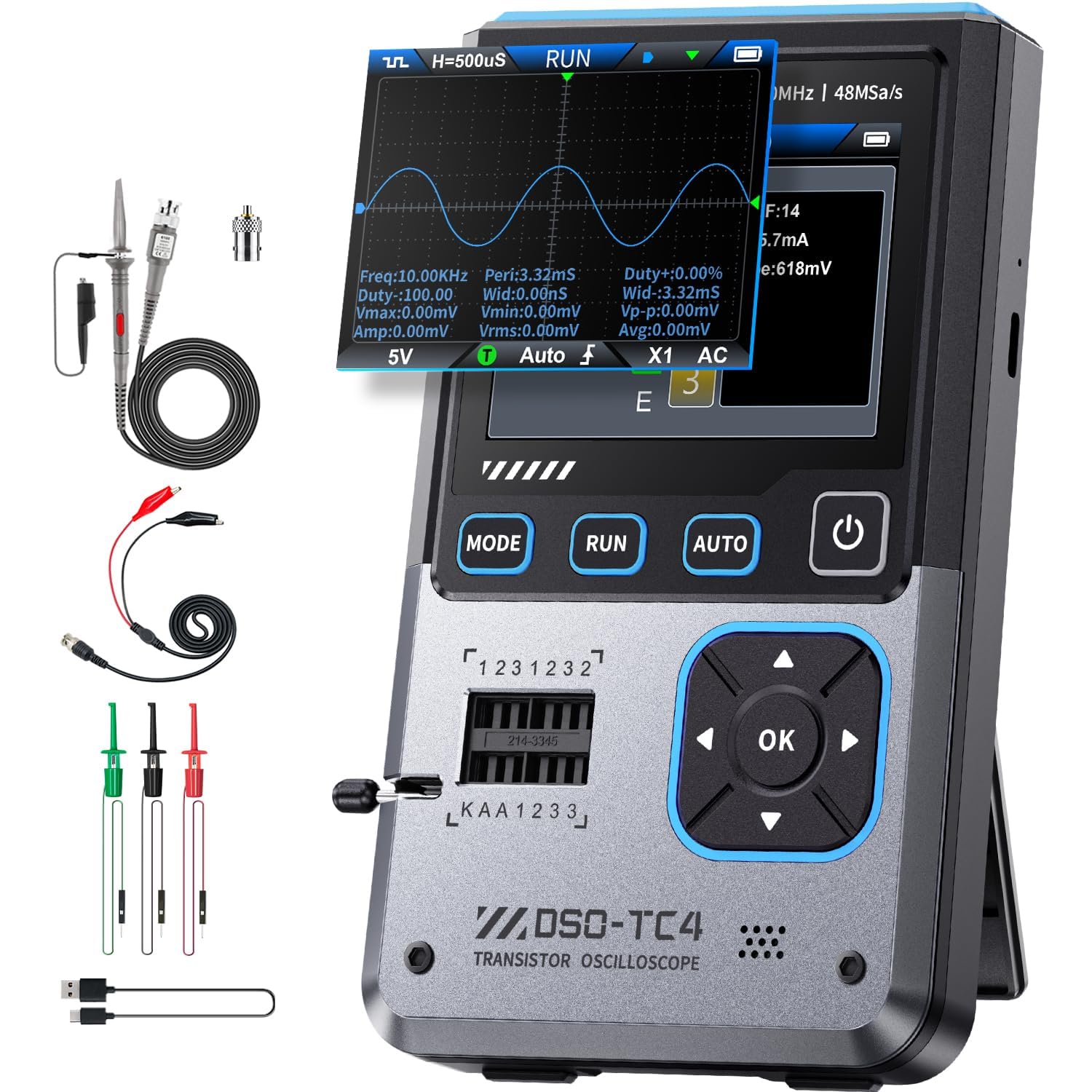 Oscilloscope, DSO-TC4 Oscilloscope Numérique 3 en 1 Largeur de Bande 10MHz 48Ms/s Échantillonnage 13 Sortie de Signal Auto à une Touche Testeur de Transistors Électronique Testeur de Composants Charge