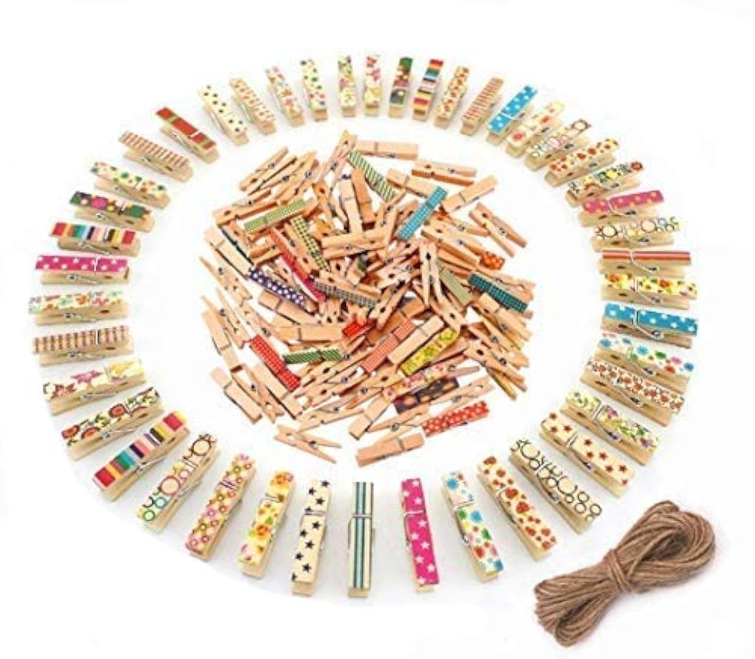 Mini Wooden Clips, Magnolian 100Pcs Colored Natural Mini Wooden Photo Paper Peg Pin Craft Clips Bundle with 66 Feet Jute Twine