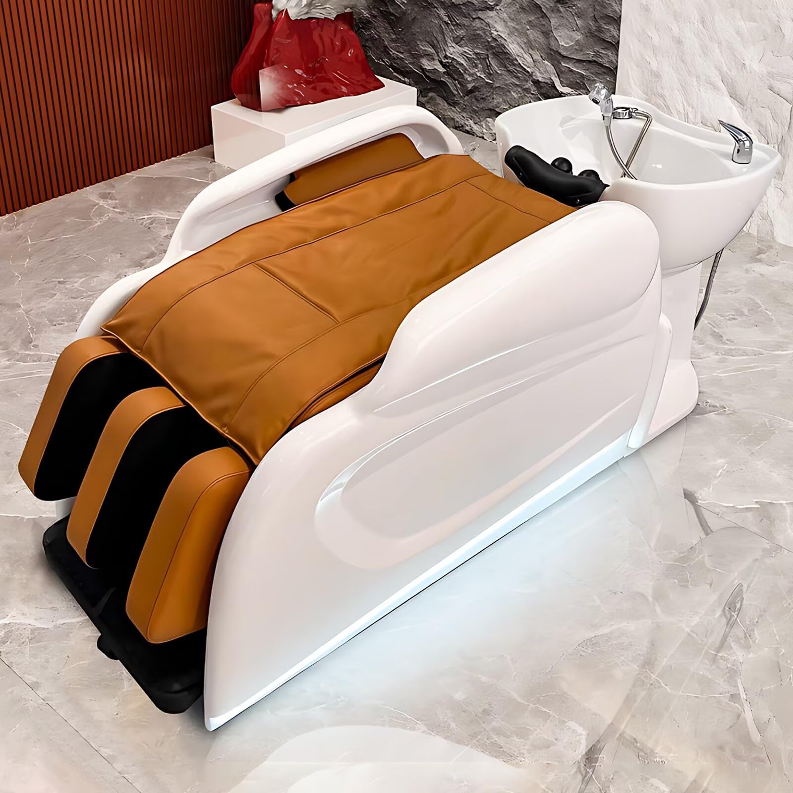 Profesjonalny stół do masażu głowy, nowoczesny prosty design sprzętu spa z dużą ceramiczną umywalką, masaż całego ciała, światło otoczenia do salonu