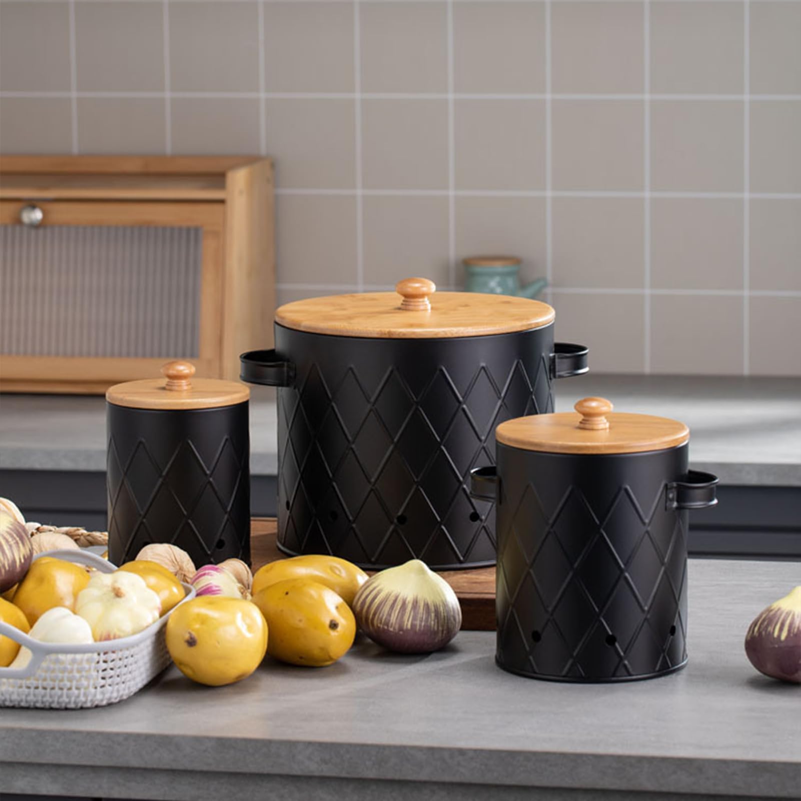 Premium Kartoffel Aufbewahrungsbox küche, Zwiebel kartoffel aufbewahrung, aufbewahrungsbox mit Deckel küche, küche aufbewahrung & Organisation,küchenutensilien (Schwarz)