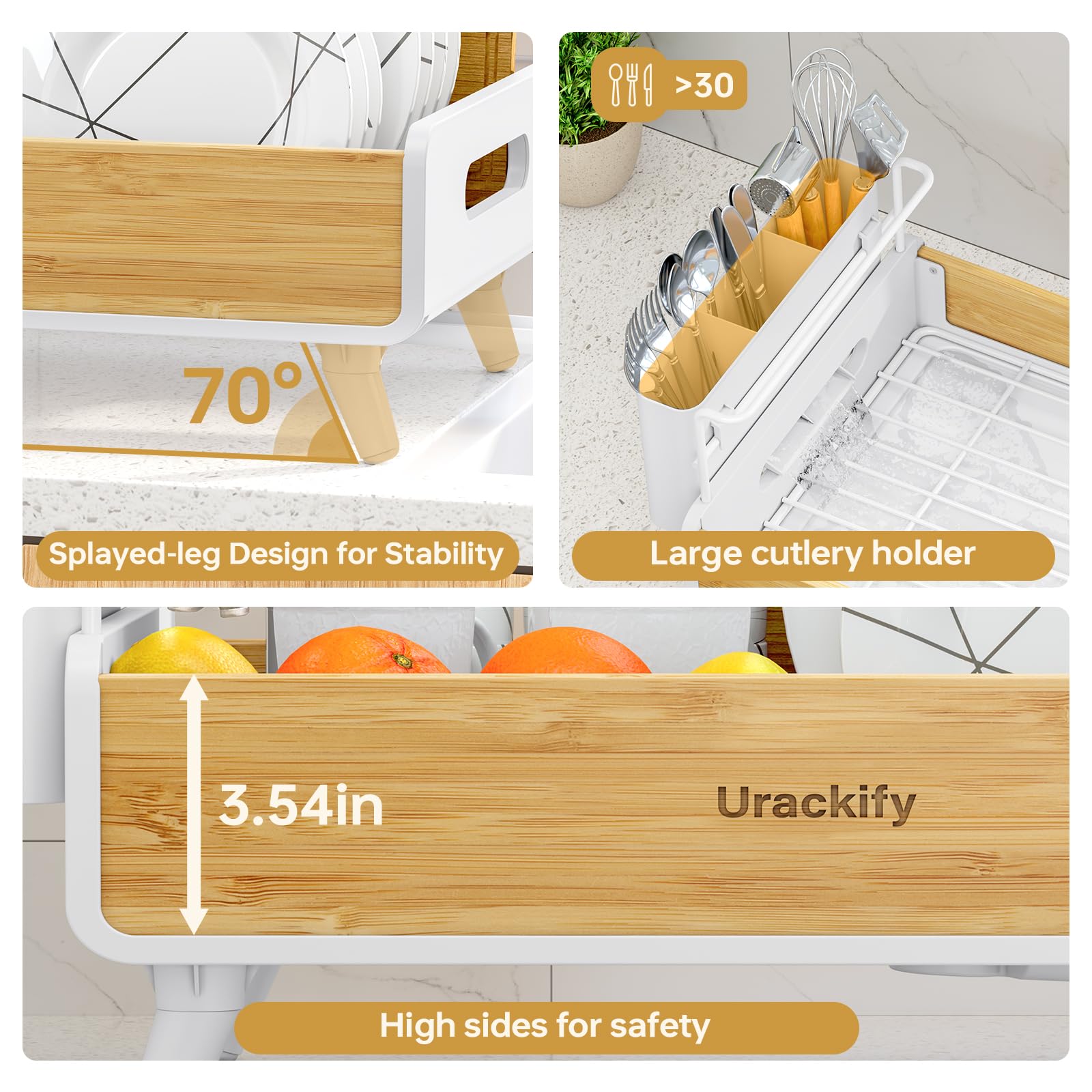 Urackify Scolapiatti per Cucina | Acciaio Inox e Bambù, Portautensili Rimovibile, Scolapiatti con Scarico Automatico