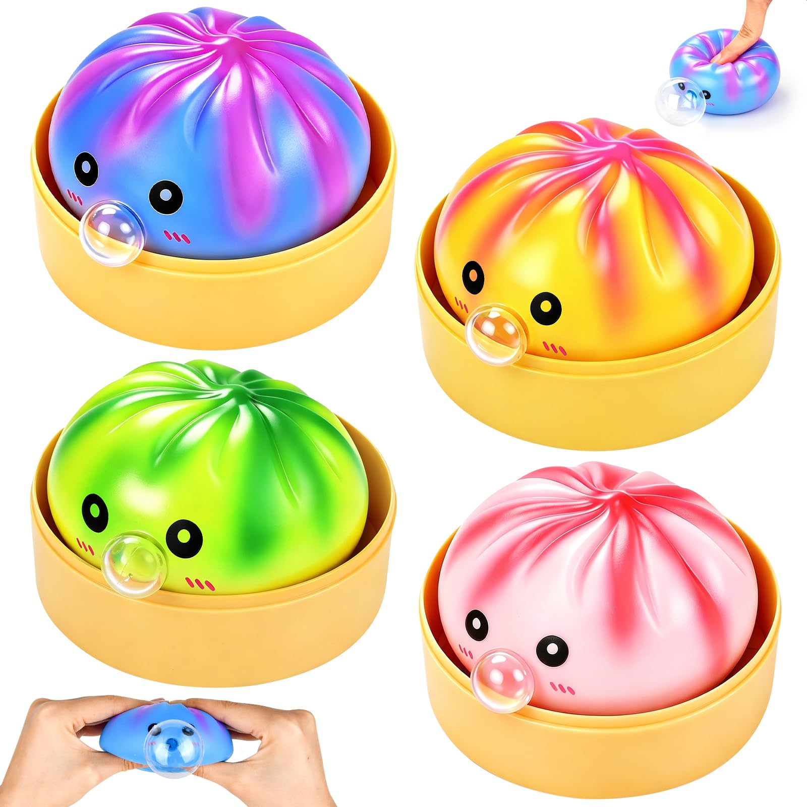 4 Stück Dumpling Squishy, Squishy Dumpling, Weiches Squeeze Stressball Fidget Toys, Mystery Squi-Shy Bun with Steamer Box Decompression Dough für Kinder Erwachsene Büro