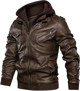 Uusollecy Herren Lederjacke, Abnehmbarer Kapuze Hooded Leather Jacket Mit Reißverschluss