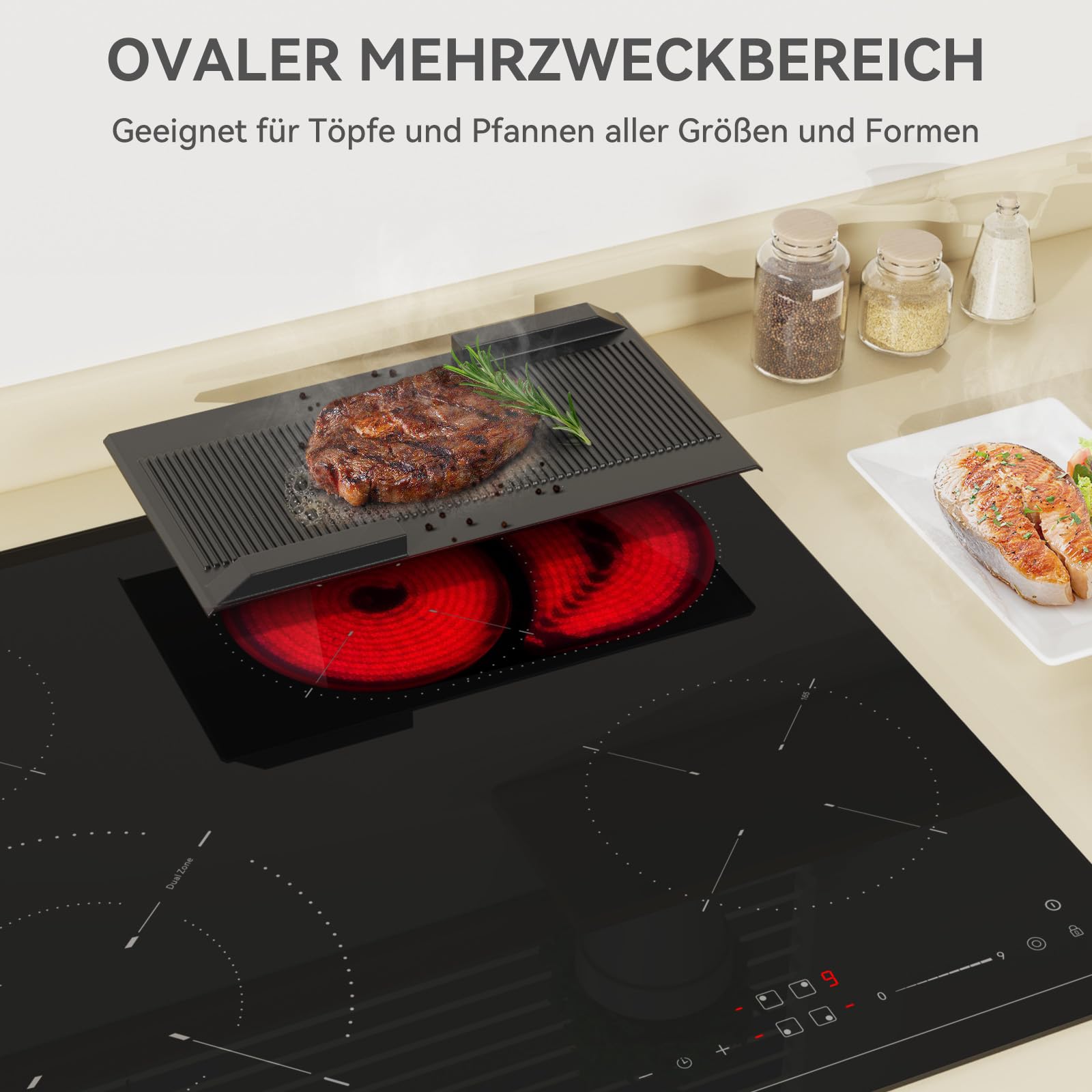 Hermitlux Glaskeramikkochfeld 59cm 4 Platten mit Duale und Ovale Zonen, 9 Heizstufen, 7200 W, Timer, Kindersicherung, Geeignet für alle Pfannen, Kein Stecker