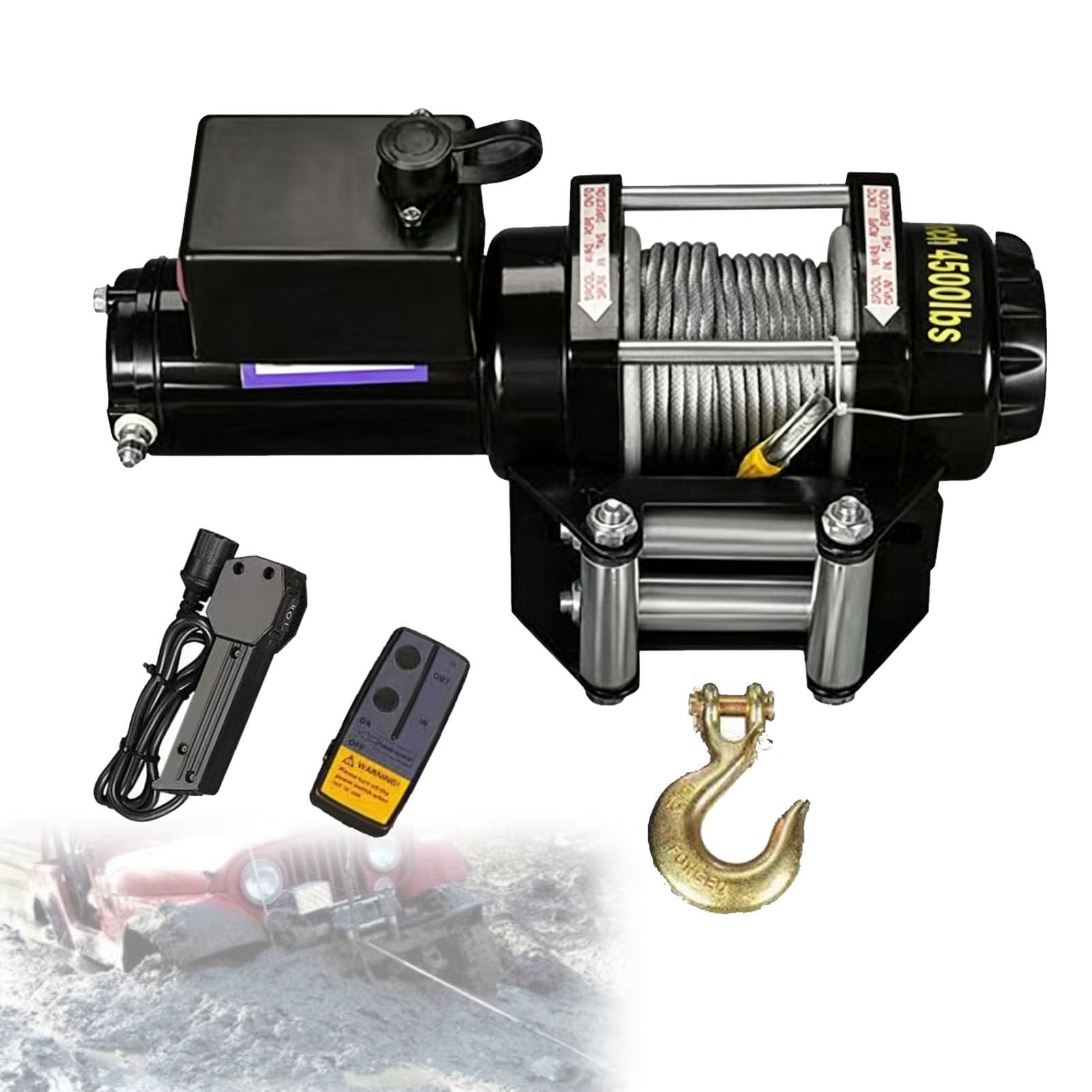 Zowdrix Wireless Remote Control Electric Winch 4500lbs, Steel Rope Winch with Handheld Controller, Heavy Duty Towing Recovery for 4WD Off-Road Truck Boat Trailer 12V-4500lbs