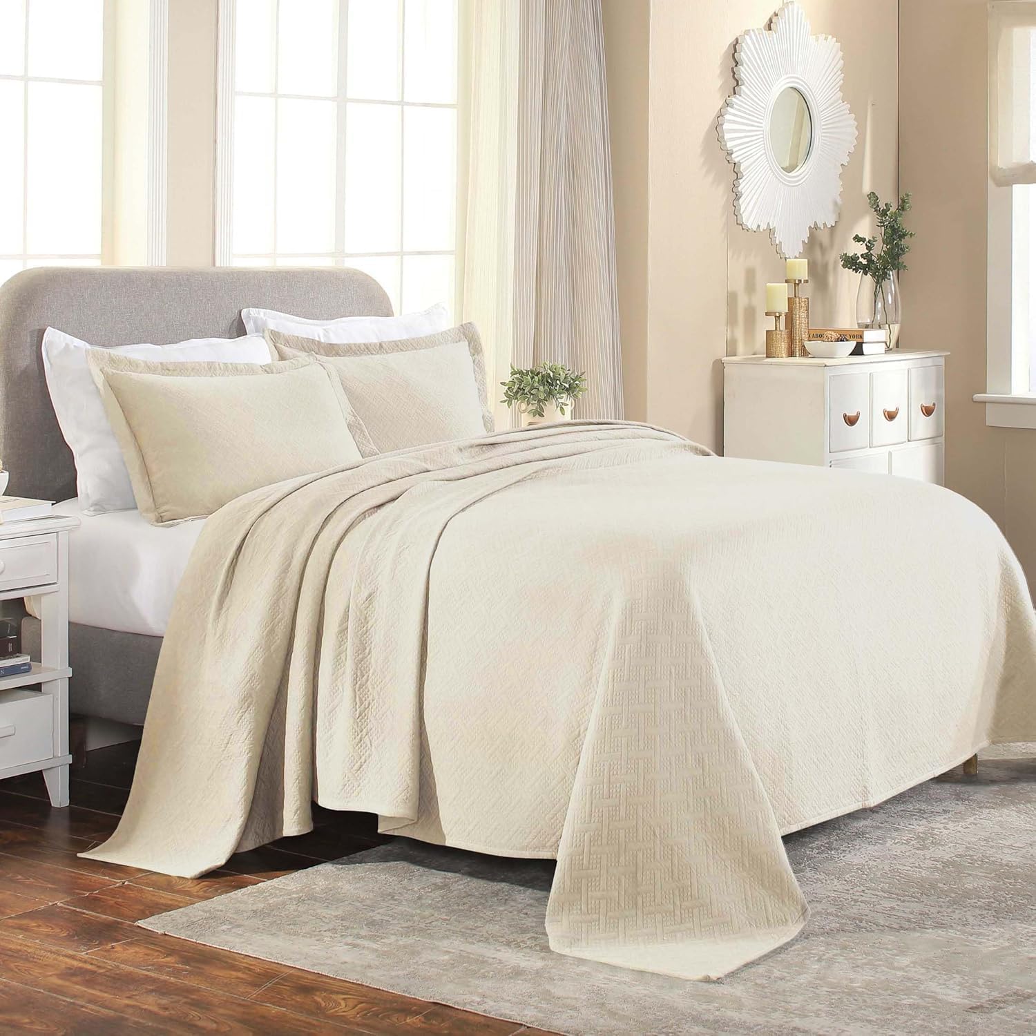 Superior 100% Cotton Basket Weave Bedspread with Shams, All-Season Premium Cotton Matelasse Jacquard Bedding, Quilted-Look Geometric Basket, Full, Ivory