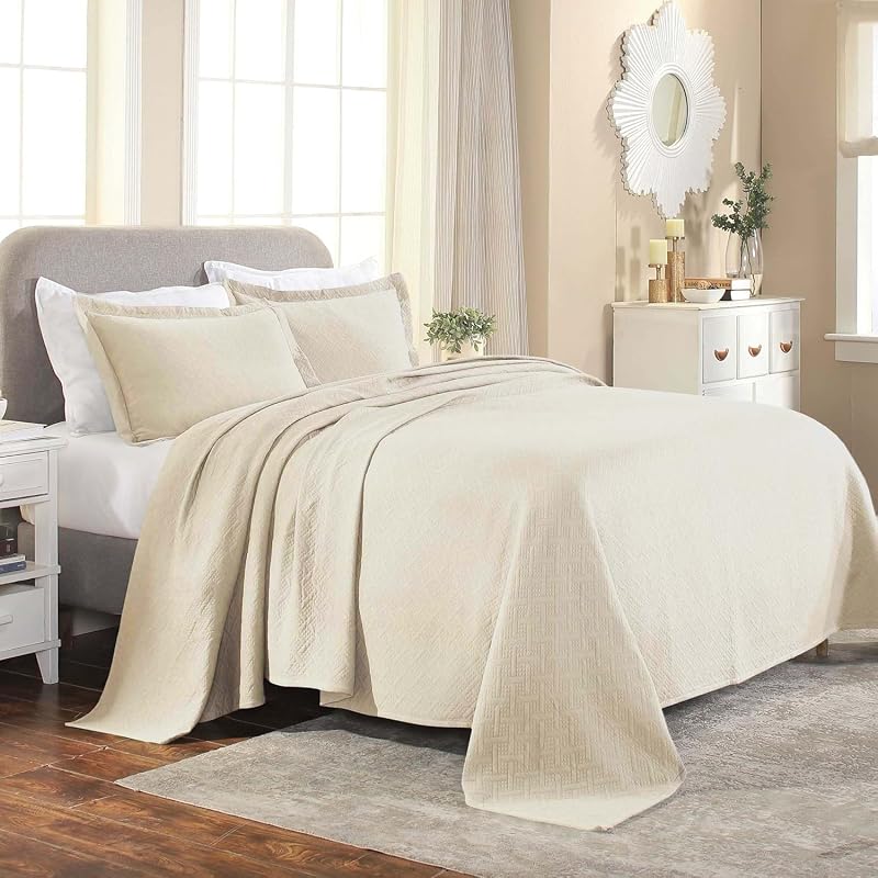100% Cotton Basket Weave Bedspread with Shams, All-Season Premium Cotton Matelasse Jacquard Bedding, Quilted-Look Geometric Basket, King, Ivory