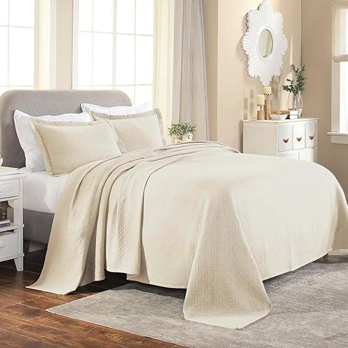 Superior Basketweave Cotton 2 Piece Bedspread Set, Home Bed Decor, Decorative Textured Bed Spread, 1 Pillow Sham, Airy Blanket, Matelasse Coverlet Bedding, Lattice Pattern, Twin, Ivory