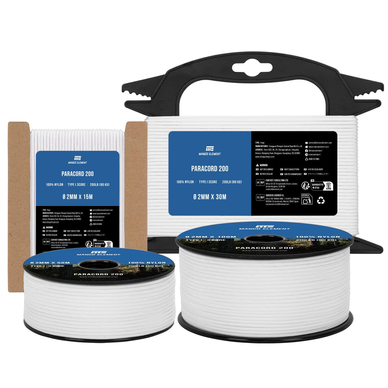 Manco Element Paracord 2mm 15m 3 Strands Type I White | 100% Nylon Parachute Cord Rope | 90KG Load Capacity - Ideal for DIY, Crafting, Outdoor, Camping